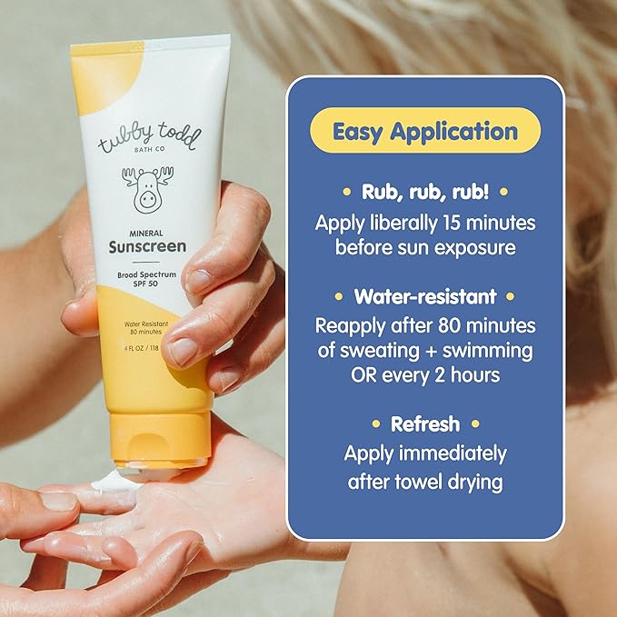TUBBY TODD Mineral Sunscreen SPF 50 - Broad Spectrum Sunscreen Lotion for Kids - Water-Resistant for 80 Minutes - Safe for Sensitive Skin - Non-Greasy Feel - 2 Pack, 4 Fl Oz