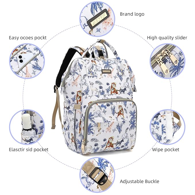 Diaper Bag Backpack, Diaper Bags for Baby Girls Boys, Baby Bags for Moms Dads, Nappy Changing Bag with Insulated Pockets,Multi-functional Waterproof Backpack with Stroller straps-Animal World White