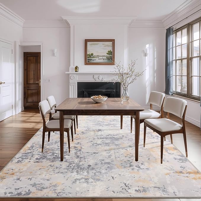 8x10 Grey Area Washable Rugs for Living Room, Abstract Modern Non Slip Bedroom Rugs, Neutral Large Low Pile Carpet Stain Resistant for Dining Room, Kids Playroom, Office