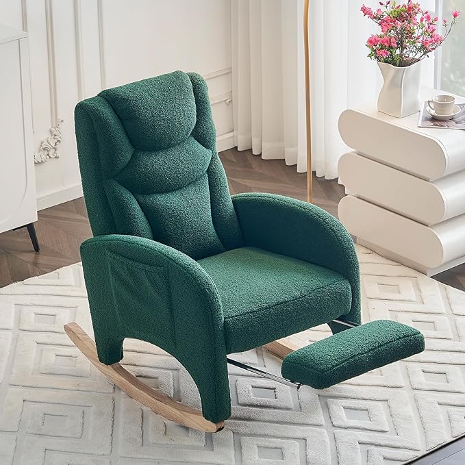 Rocking Chair Nursery, Modern Glider Chair with Adjustable Footrest and Solid Wood Legs, High Backrest Nursery Chair with Side Pocket, Rocker Armchair for Living Room Bedroom, Teddy Green