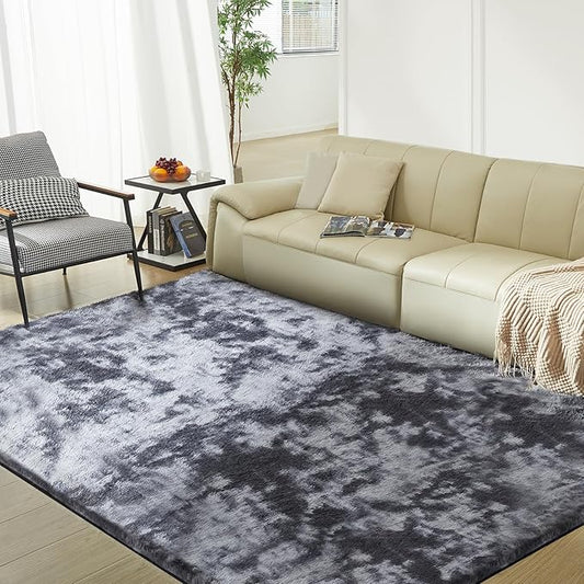 Ultra Soft Rug for Living Room, 6X9 Fluffy Shag Area Rug for Bedroom, Modern Shaggy Carpets Fuzzy Rug for Teens Dorm Nursery Home Decor Aesthetic, Upgrade Anti-Skid Durable, Tie Dye Black and Grey