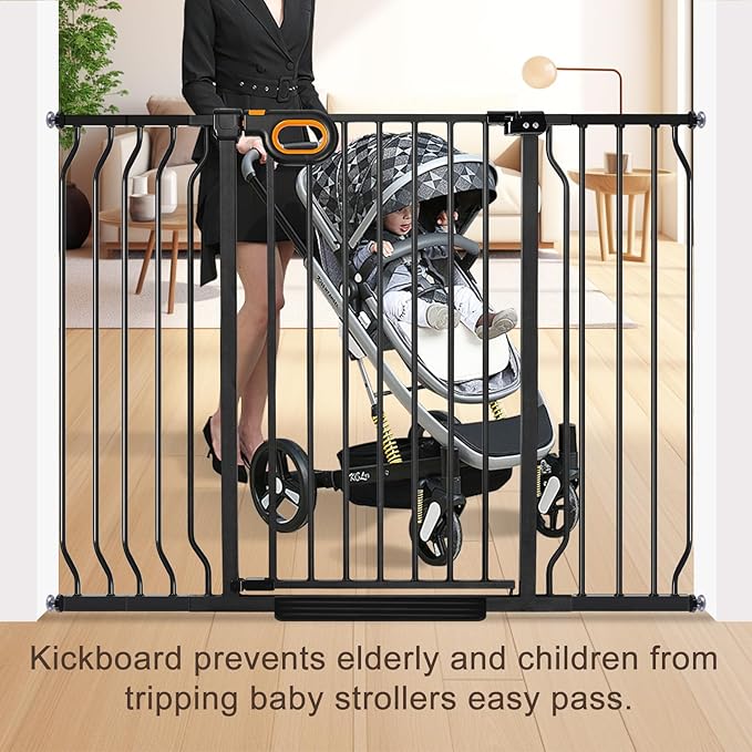 owlie 37.4" Extra Tall Wide Baby Gate for Stairs Doorways,29-52 Inch Extra Large Long Baby Gate with Door Indoor Safety Metal Pressure Mounted Pet Gate with Walk-Thru Auto Close, Black