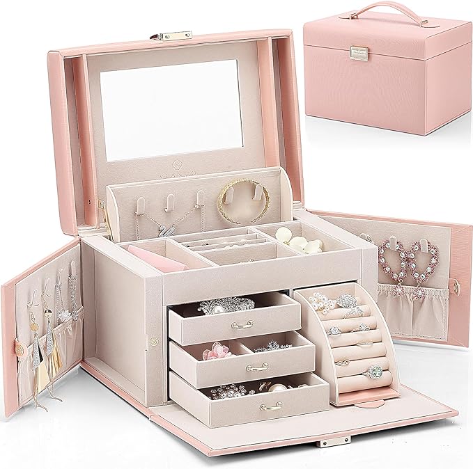 Vlando Jewelry Box Organizer for Girls Women, Large Baroque Jewelry Holder Organizer with Mirror, 3 Drawers for Bracelets, Earrings, Rings, Necklaces, Mothers Day for Loved One, Pink