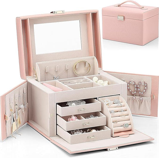 Vlando Jewelry Box Organizer for Girls Women, Large Baroque Jewelry Holder Organizer with Mirror, 3 Drawers for Bracelets, Earrings, Rings, Necklaces, Mothers Day for Loved One, Pink