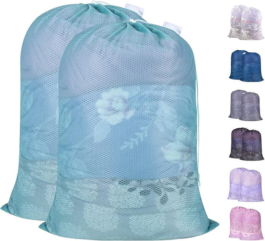 Polecasa Heavy Duty Large Mesh Laundry Bags with ID Tag and Locking Drawstring Closure - 2 Pack, 24 x 36 inches - Laundry Hamper Liner, Washable Laundry Bag for Travel, Sports, Dorms (Aqua)