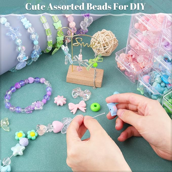 Assorted 180-240PCS Acrylic Beads for Bracelet Making, Flower Bow Butterfly Candy GummyBear Aesthetic Bracelet Charms,Cute Beads for Jewelry Making DIY Necklace Keychain Phone Charm