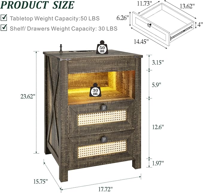 Night Stand Set 2 with Gun Drawer, Bedside Table with Charging Station - Image 2