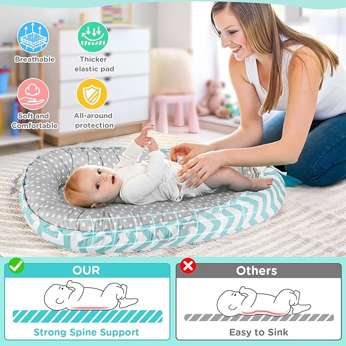 KISS GOLD Baby Lounger - Breathable Soft Cotton Cover Baby Lounger Nest, Babies Essentials Gifts, Portable Lounger for Baby Tummy Time Floor Playing Seated Support for Home and Travel