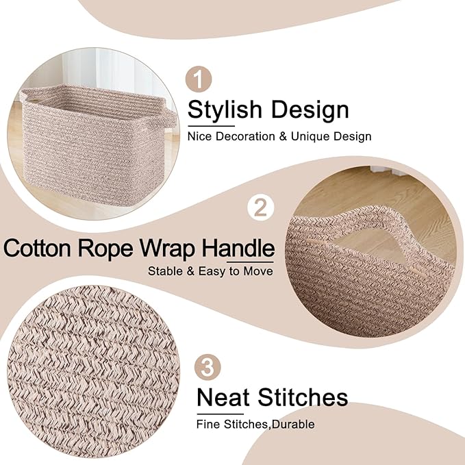 OIAHOMY Storage Basket, Woven Baskets for Storage, Cotton Rope Basket for toys,Towel Baskets for Bathroom - Pack of 3, Pure Brown