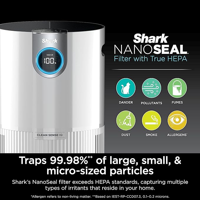 Shark Air Purifier for Home Large Room, Clean Sense Technology, HEPA Air Filter, 1000 Sq Ft, Kitchen, Filters Smoke, Captures 99.98% of Particles, Pet Dander, Pollutants, Dust, Allergens, HP201