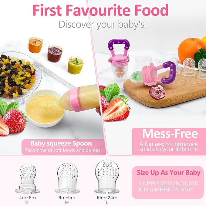 WAJIAYON Baby Fruit Feeder Pacifier - 6 Pack | 2 Infant Food Feeder Pacifier & 2 Baby Food Dispensing Spoon | Fresh Fruit Teethers for Babies | Silicone Feeder Babies,Infant Teething Feeders (Pink)