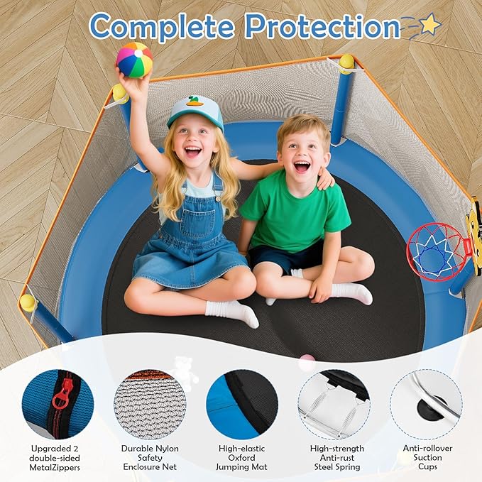 Kids Trampoline with Safety Net – 440lbs Capacity, Upgraded Rust-Proof Ring Legs, Adjustable Gymnastics Bar & Toys – Indoor Outdoor Toddler Trampoline for Boys & Girls Ages 1-8