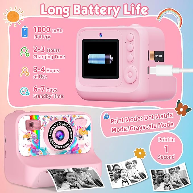 Kids Camera, Upgrade Kids Camera Instant Print, Front Rear Dual Selfie Digital CAM with 1080P Videos, Portable Travel Toy with Games and Music, Christmas Birthday Gift for Boys, Girls and Teens