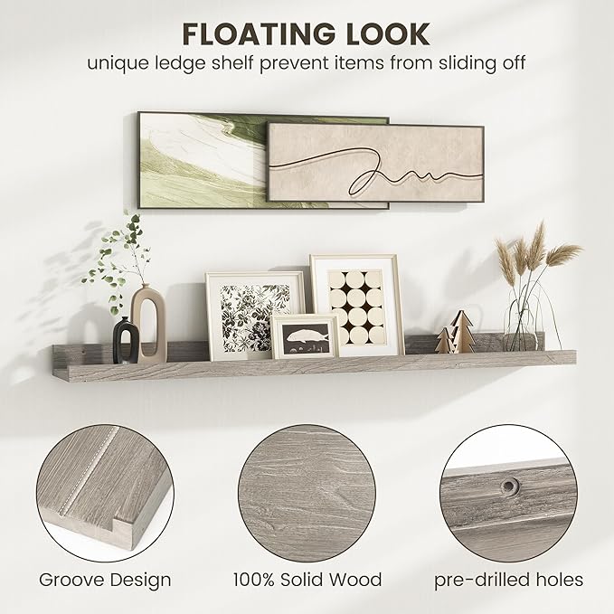Picture Ledge Shelf, 48 Inch Long Floating Shelves for Wall, Nursery Bookshelf for Storage with Lip, Rustic Elm Wood Photo Ledge Shelves for Bedroom, Living Room, Kitchen (Grey, 48in Set of 2)