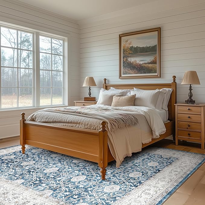 jinchan Floral 6x9 Area Rugs for Living Room - Machine Washable Vintage Distressed Boho Design Throw Rug Stain Resistant Carpet Low-Pile Thin Non-Slip for Bedroom Dining Room Nursery (6‘x9',Dark Blue)