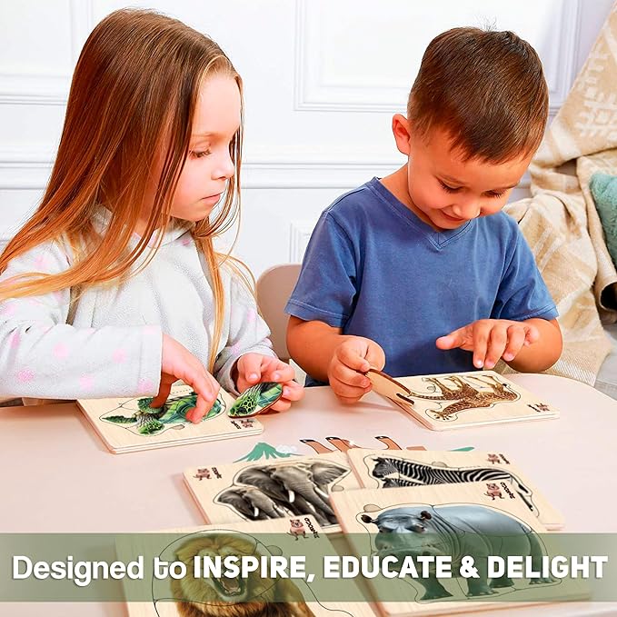 QUOKKA Realistic Wooden Puzzles for Toddlers 1-3 Year Old - 5,9 x5,9 Inches Kids Puzzles Ages 2-4 - Safari Montessori Toddler Toys - Motor Skills Games Gifts for Boys and Girls