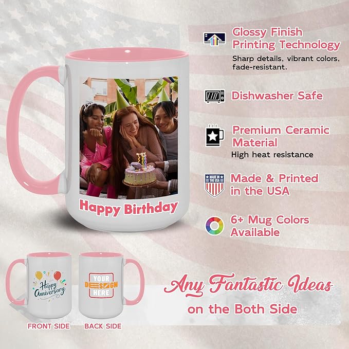 Custom Mug Upload Your Picture Personalized Coffee Mug with Photo Text Name Customized Cup Unique Ideas Gifts for Men Women Mom Dad Girlfriend Boyfriend Friend Family (Pink, 15oz)