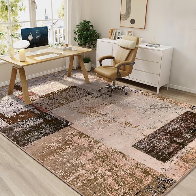 LOCHAS Rug for Living Room, Washable Soft Area Rugs for Bedroom 6x9, Abstract Carpet for Indoor Office Kids Dining Room Nursery Floor, Brown Geometric Vintage Home Decor, Non Slip, Pet Child Friendly