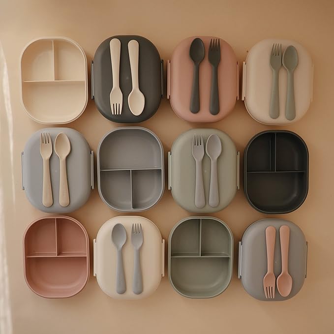 mushie Kids Bento Lunch Box | 3-Compartment & Removable Divider + Fork & Spoon Utensils | Great For Meals, School, Snacks On-the-Go | Dishwasher Safe (Cloud)