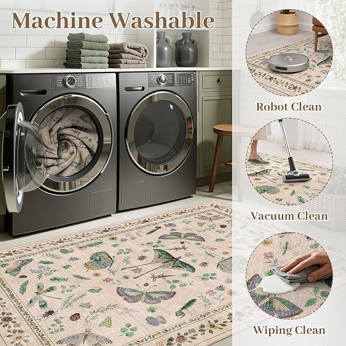 5x7 Washable Area Rug with Insect Print - Bug Rug Non-Shedding Stain Resistant Soft Carpet for Bedroom, Low Pile Ultra-Thin Machine Washable Carpet for Dining Room, Kids Nursery, Office (5'x7' Beige)