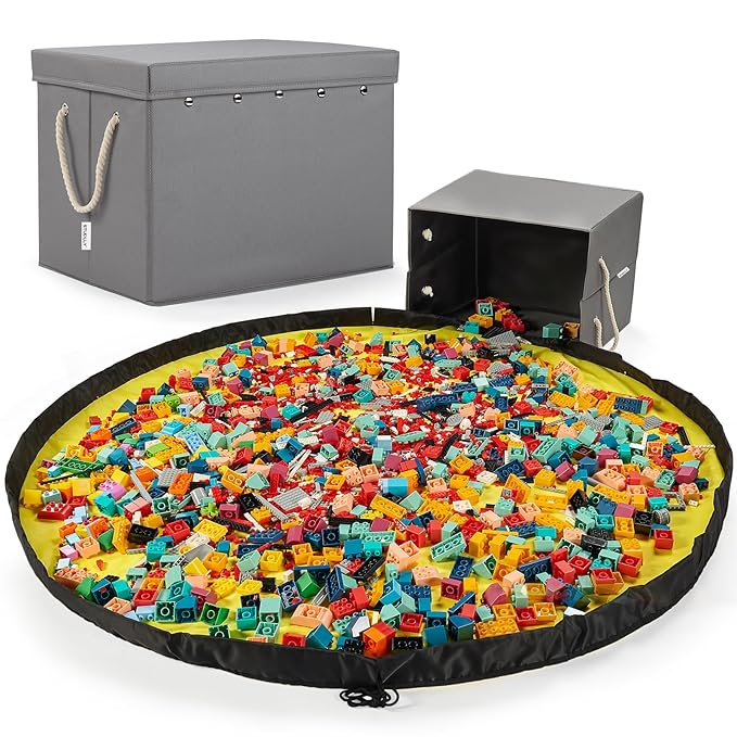 Kids Toy Box Chest Storage with Lid and Big Play Mat for Boys and Girls,Collapsible Fabric Toy Building Bricks Storage Container Organizer Bin with Rug for Playroom and Nursery Organization
