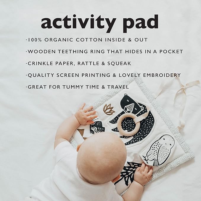 Wee Gallery Meadow Activity Pad Organic Baby Play Mat with Sensory Toys, High Contrast Newborn Essentials Soft Tummy Time Mat for Babies 0-12 Months, Visual and Motor Skill Development Toy