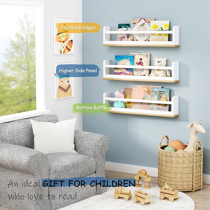 Nursery Floating Book Shelves for Wall, 24 Inch Long Wall Bookshelf for Kids Room, White and Natural Wood Baby Toddler Child Hanging Bookshelves for Kids Bathroom Bedroom (Upgraded Set of 3)