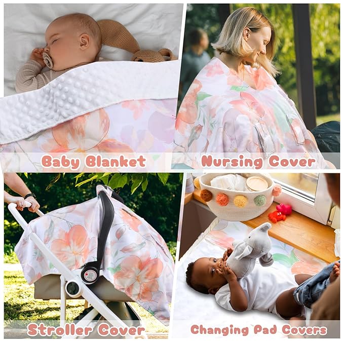 Car Seat Cover Baby, Infant Car Seat Canopy Covers for Newborn Girls Boys, Soft Minky Carseat Covers Stretchy Multi-Use Nursing Cover for Stroller Baby Car Seat, Purple Floral