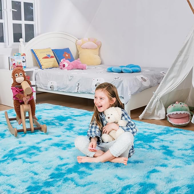 Ultra Soft Rug for Living Room, 3X5 Fluffy Shag Area Rug for Bedroom, Modern Shaggy Carpets Fuzzy Rug for Teens Dorm Nursery Home Decor Aesthetic, Upgrade Anti-Skid Durable, Tie-Dyed Blue
