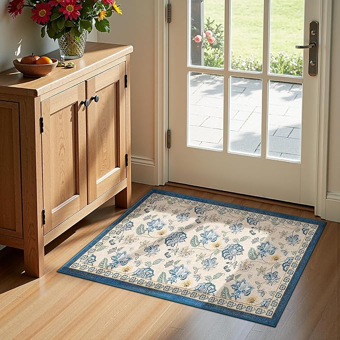 jinchan 2x3 Floral Rug for Entryway Washable Kitchen Rug Vintage Romance Design Small Mat Non Slip Indoor Doormat Lightweight Low-Profile Throw Carpet for Entrance Bathroom Laundry Room, Blue/Beige