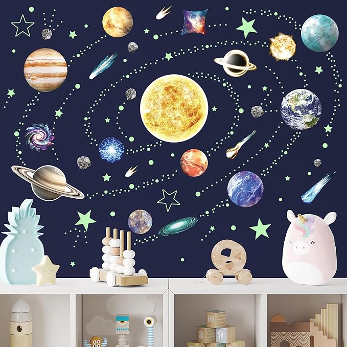 Glow in The Dark Stars and Planets for Ceiling, Robmoda Glow Solar System Wall Stickers, Space Wall Decals for Kids Boys Room (Green)