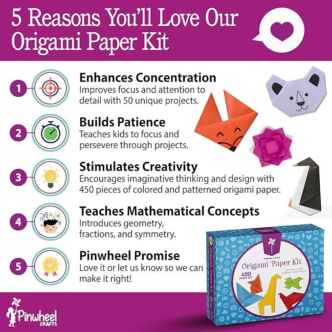 Pinwheel Crafts Origami Paper Kit 50 Projects with 450 Sheets of Colored and Patterned Paper - Easy Origami Kit for Kids Ages 5-8+, Fun Art and Crafts Gift Set for Boys and Girls