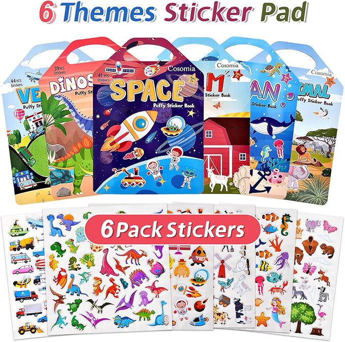 6 Set (260pcs) Puffy Sticker Books Activity for Kids, Animal, Farm, Dinosaurs, Space, Vehicle, Ocean, 3D Reusable Stickers for Boys and Girls, Travel Sticker Books for Kids Ages 3+