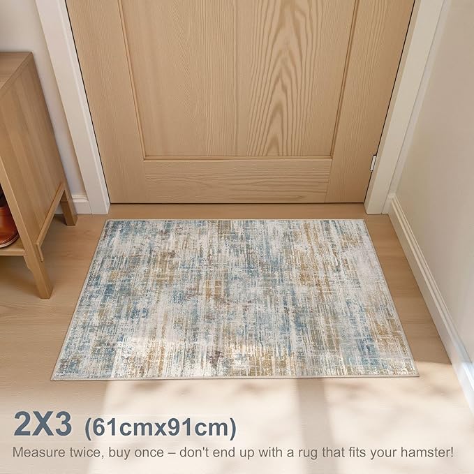 2x3 Entryway Area Rugs: Washable Neutral Abstract Small Rug Door Mat Non-Slip Soft Low Pile Indoor Carpe for Entrance Kitchen Front Door Bathroom Entry Kids Room - Blue Brown