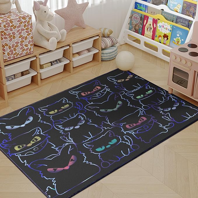 Black Play Cat Rug for Playroom for Boys Girls 3x4 Funny Cute Cat Cartoon Decor for Bedroom Living Room Non-Slip Comfy Floor Casual Mat Carpet Washable