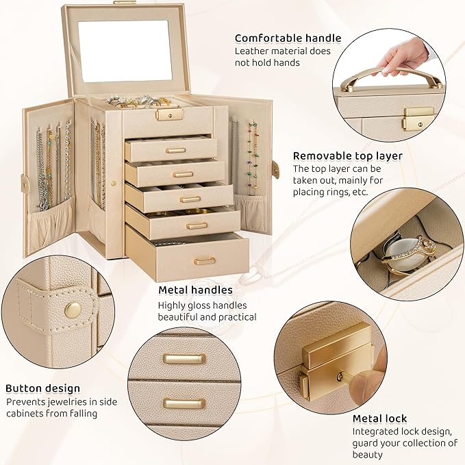 AKOZLIN 6-Tier Jewelry Box Lockable Leather Jewelry Storage Case with 5 Drawers for Women Girls Ring Necklace Earring Bracelet Holder Organizer with Mirror