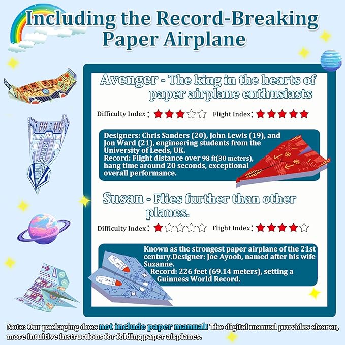 Paper Airplane Kits with 16 Classic Designs, 32 Sheets of Colorful Origami Paper, World Record Paper Planes, Airplane Gifts for Boys and Girls Ages 6-12+ (Digital Manual Only, Fun and Easy to Fold)