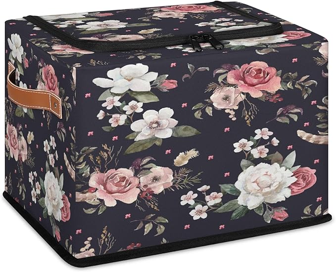 Rectangular Storage Baskets for Shelves - Waterproof Foldable Laundry Basket, Nursery Hamper, Reusable Toy Bin for Organizing Toys, Books, Clothes, Closet 14"x10.2" x10.4" (Flowers)