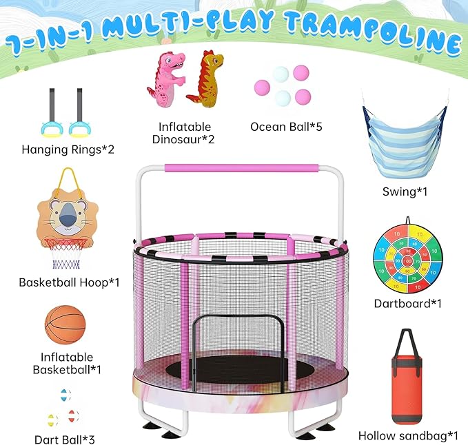 LAMERGE 55" 7-in-1 Round Trampoline for Kids Boys & Girls Ages 1-8, Indoor & Outdoor Trampoline for Fun, Adjustable Height Handrail ＆ Enclosed Safety Net ＆ Durable Designs for Toddlers Children