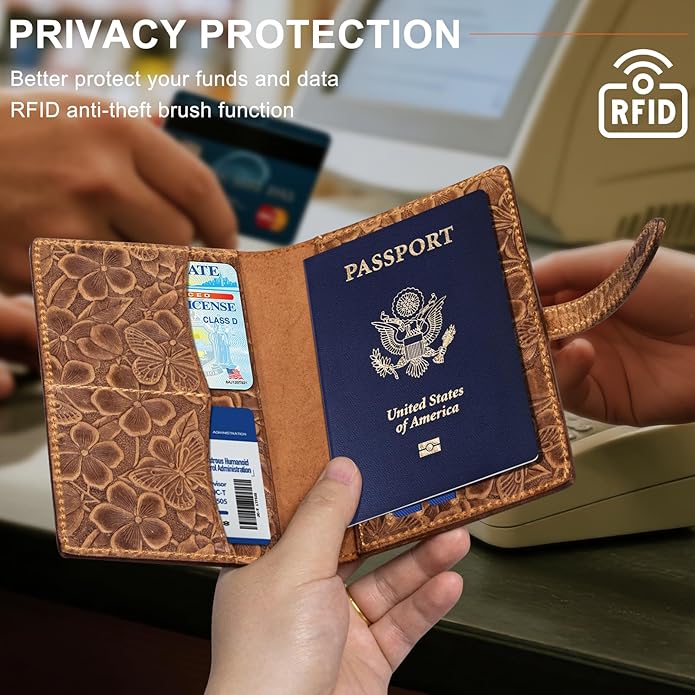 Genuine Leather Passport Holder for Women Men - RFID Blocking Slim Travel Wallet