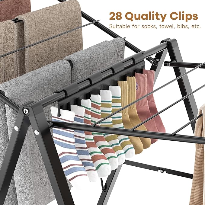 APEXCHASER Clothes Drying Rack Foldable, Metal Laundry Drying Rack with Height Adjustable Rails, Ultra Thin Drying Rack Clothing Towel Sweater Shoe for Indoor Outdoor, Gullwing Clothes Airer, Black