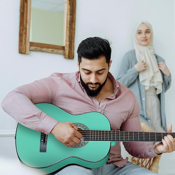 ADM Beginner Acoustic Classical Guitar 38 Inch Nylon Strings Wooden Guitar Bundle Kit for Kid Boy Girl Student Youth Guitarra Online Lessons with Gig Bag, Strap, Tuner, Strings, Cyan Green