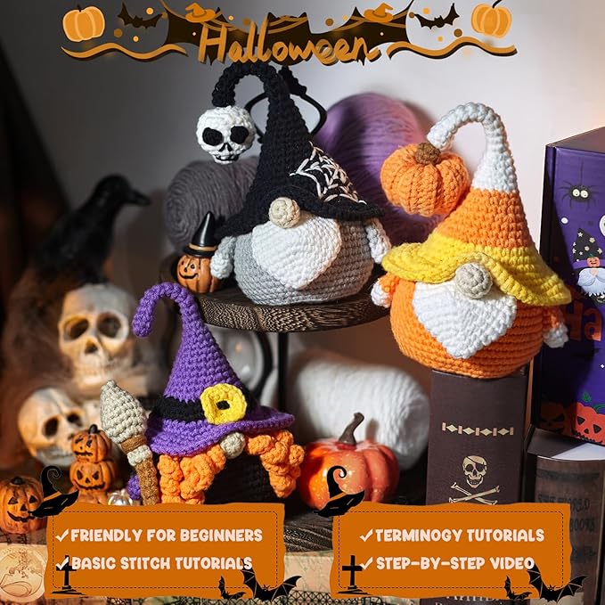 MAGIMUSE Crochet Kit for Beginners Crochet Starter Kits for Halloween Amigurumi Knitting Crochet Animals Kits Hooks Yarn Set with Step-by-Step Video Tutorials, 3 Halloween Gnomes (40%+ Yarn)