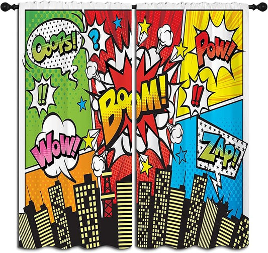 Superhero City Wars Explosion Rod Pocket Blackout Curtains for Boy Girl Bedroom, Colorful Comics Ar Home Energy Efficient Light Filtering Window Curtain for Living Room, 84x63 inch
