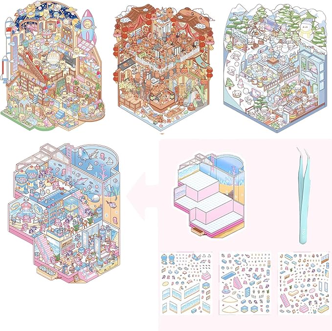 4 Sets Big 3D Sticker Scenes DIY Craft Kit – Build Your Own Miniature Rooms Stickers Book(Museum/Ski Resort/Amusement Park/Aquarium) for Kids & Adults, Creative Craft Kit for Gifts