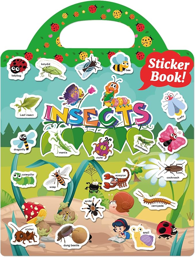 Benresive Reusable Sticker Book for Toddlers 2-4 Years, Fun Travel Stickers for Kids, Waterproof Sticker Books for Toddlers 1-3, Crafts Activities for Todddlers 1-3 2-4 3-5 - Insect