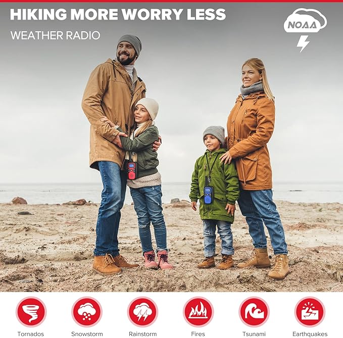 Wishouse Walkie Talkies for Kids Adults - Long Range Rechargeable 2 Way Radios,Gift,Hiking Accessories Camping Gear with Lamp,SOS Siren,NOAA Weather Alert,VOX,Easy to Use Red Blue 2 Pack