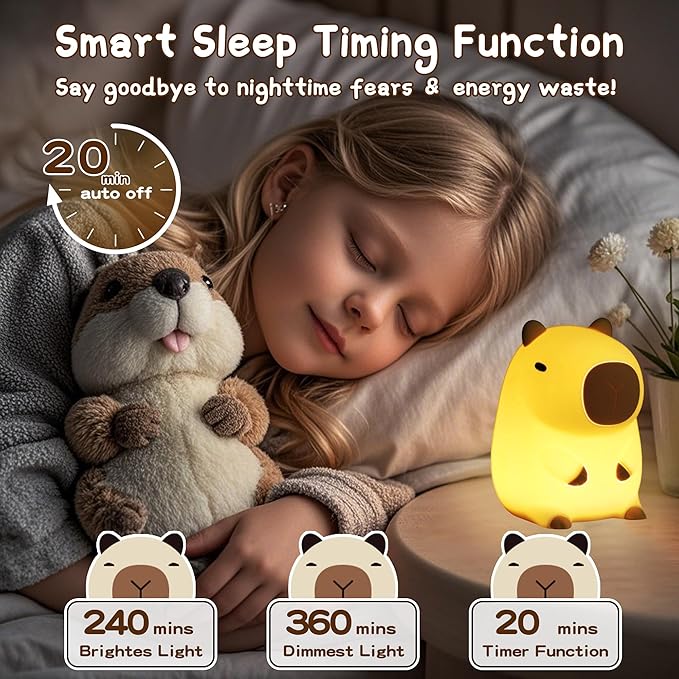 Cute Capybara Night Light, LED Squishy Novelty Animal Night Lamp,2 Levels Dimmable/Timer Nursery Nightlight for Kids, Rechargeable Touch Bedside Lamp, Bedroom/Dorm Decor, Baby Boys Girls Gifts