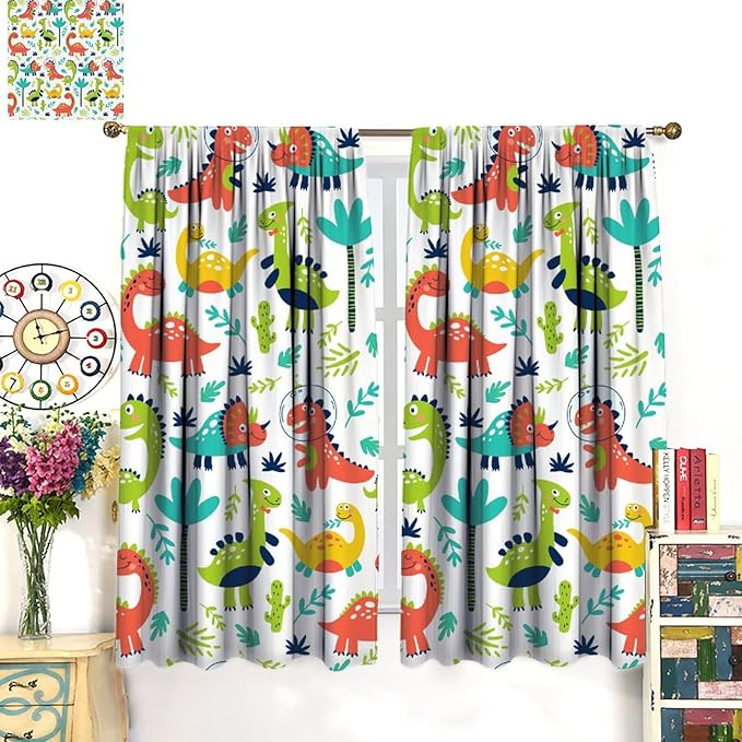 Rustic Dinosaurs Curtains Colorful Dino Kids Boys Cartoon Cute Cool Funny Decor Printed Blackout Rod Pocket Window Drapes for Living Room Bedroom W26xL84in 2 Panels
