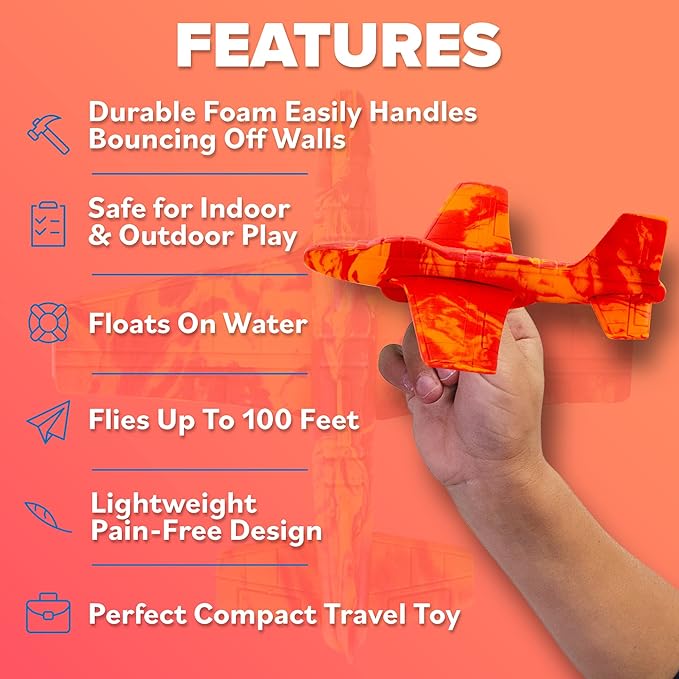 Airplane Toy Foam Glider Plane for Kids - Best Outdoor Toys for Boys & Girls - Kids Stocking Stuffers for Boys & Fun Flying Gliders Easy Throwing Air Planes - Great Gifts for Age 4 5 6 7 8 9 Year Olds